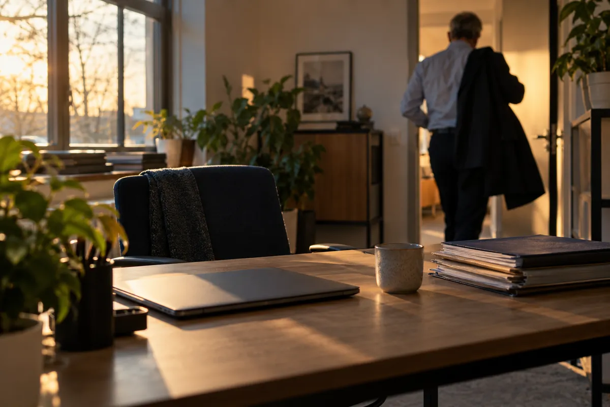 Opgeruimd bureau aan het eind van de dag, iemand loopt naar huis