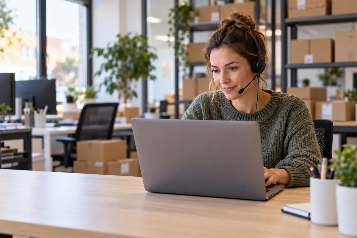 Klantenservicemedewerker met headset aan het werk op haar laptop, met pakketten op de achtergrond