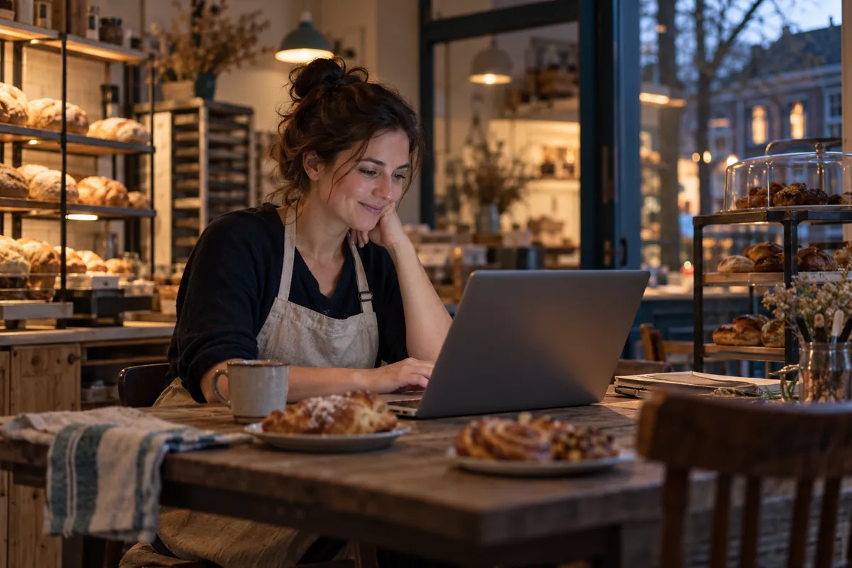 Bakker kijkt na sluitingstijd op haar laptop